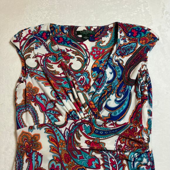 Lauren Ralph Lauren V-Neck Cap Sleeve Paisley Print Ruched Sheath Dress Size 2 - Picture 3 of 11